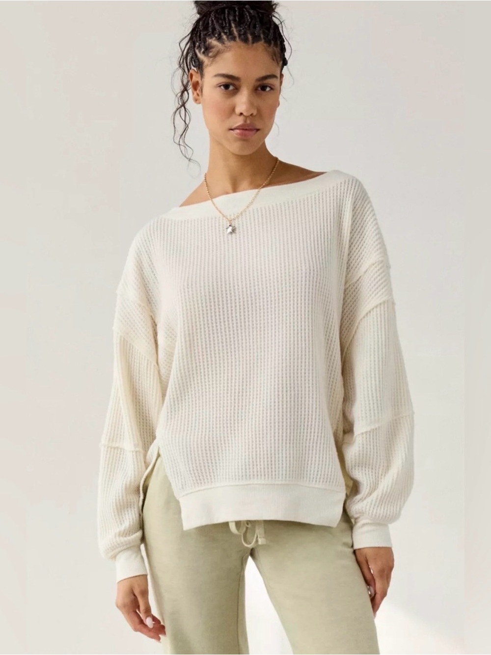 Out From Under Homebody Waffle Knit
Oversized Off-The-Shoulder Top- Cream